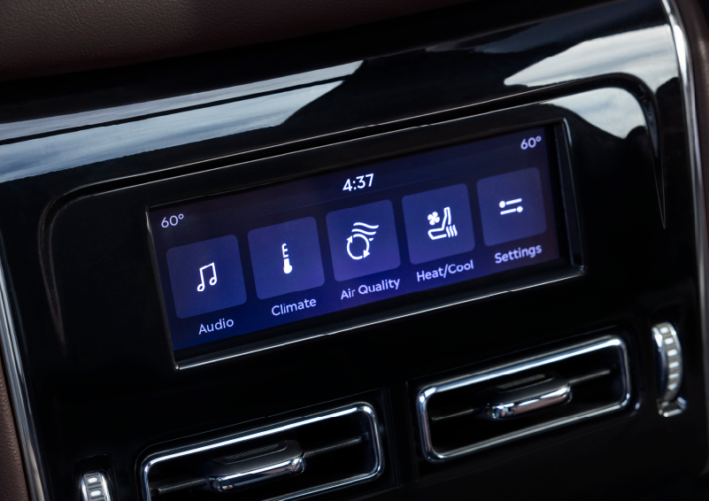 Driver controls like music, temperature, air quality, settings, and heat/cool seats are shown. | Fair Oaks Lincoln in Naperville IL